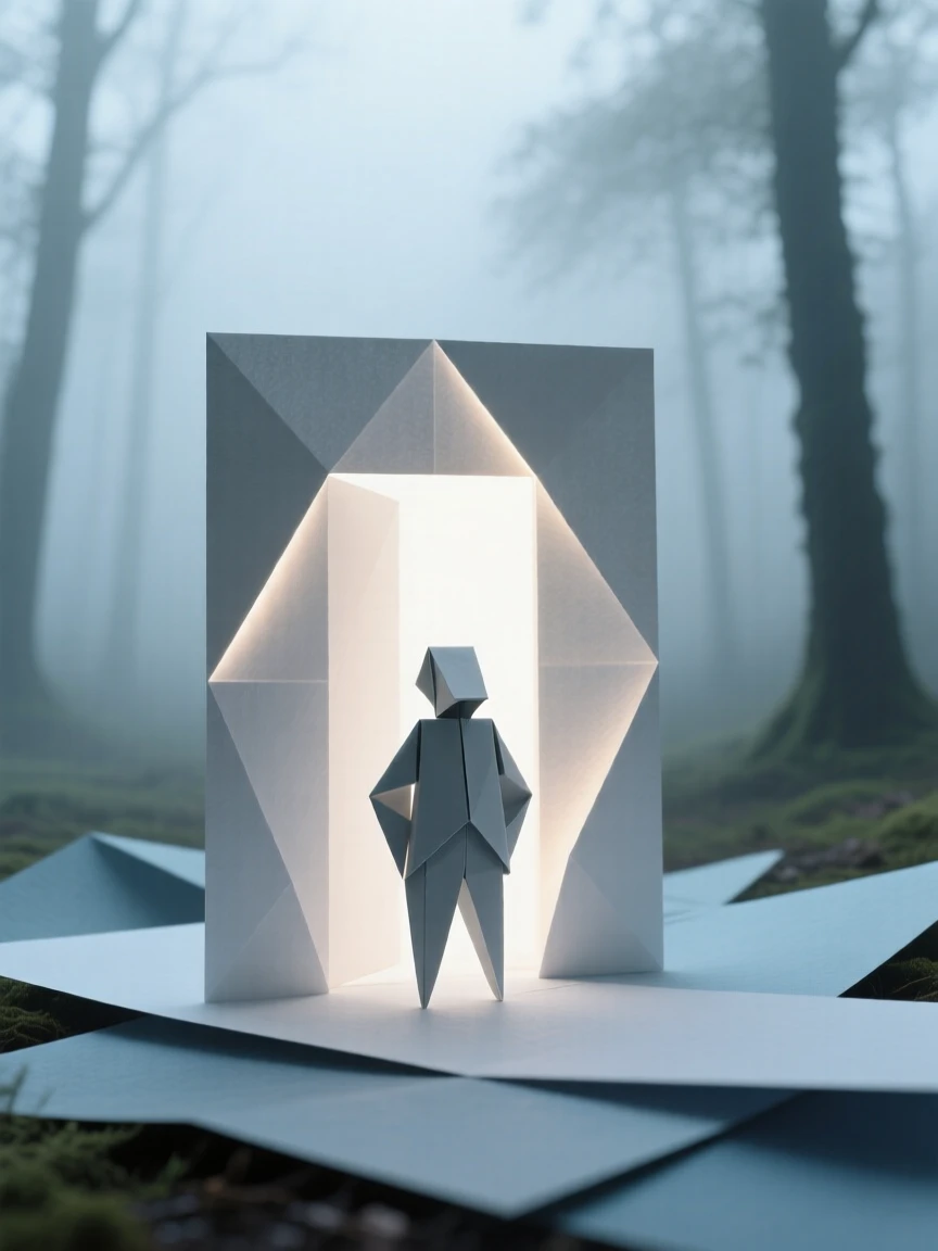 A hidden portal doorway standing alone in a misty forest clearing, glowing faintly at its edges.