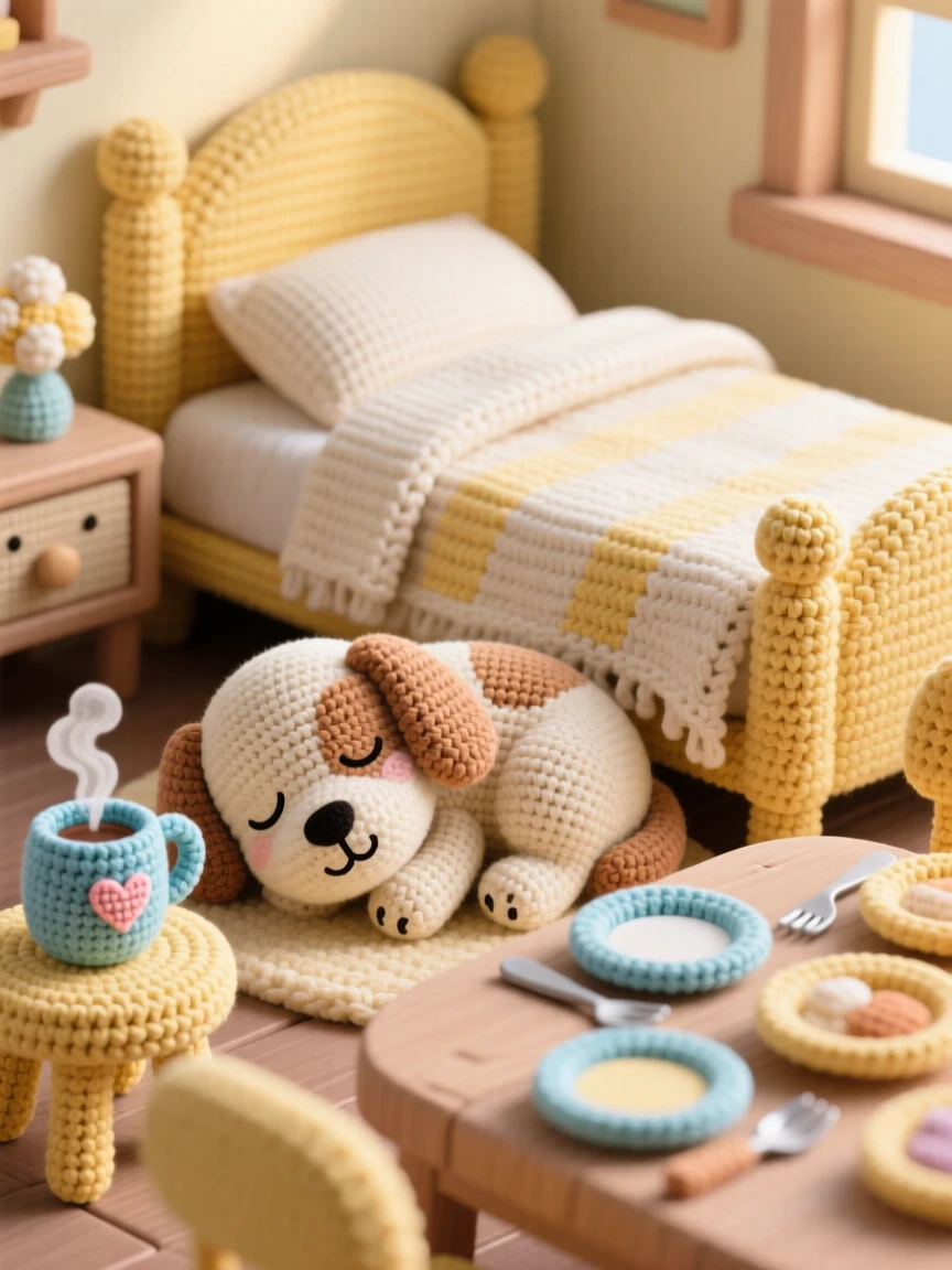 a sleepy dog curled at the foot of a bed, with a soft worn blanket, snoring gently in the afternoon light, in a homely dining room set for a family meal, with a steaming mug resting on a small table nearby, radiating a peaceful sense of home and belonging.