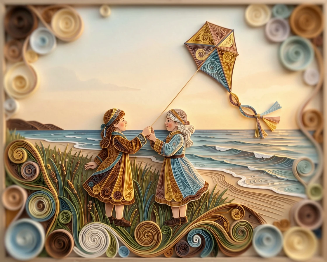 a child and grandparent flying a kite together in a field, on a quiet beach at golden hour, framed with soft bokeh in the background, with a comforting, homely atmosphere throughout.