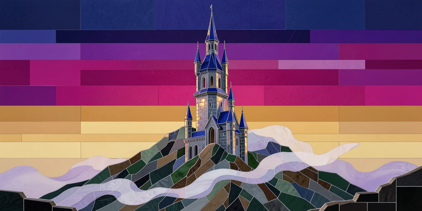A wizard's tower rising above a misty mountain at twilight.