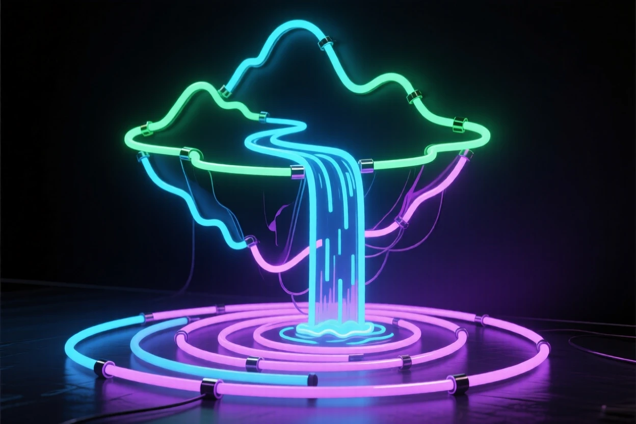 A floating island connected to the ground by a spiraling waterfall.