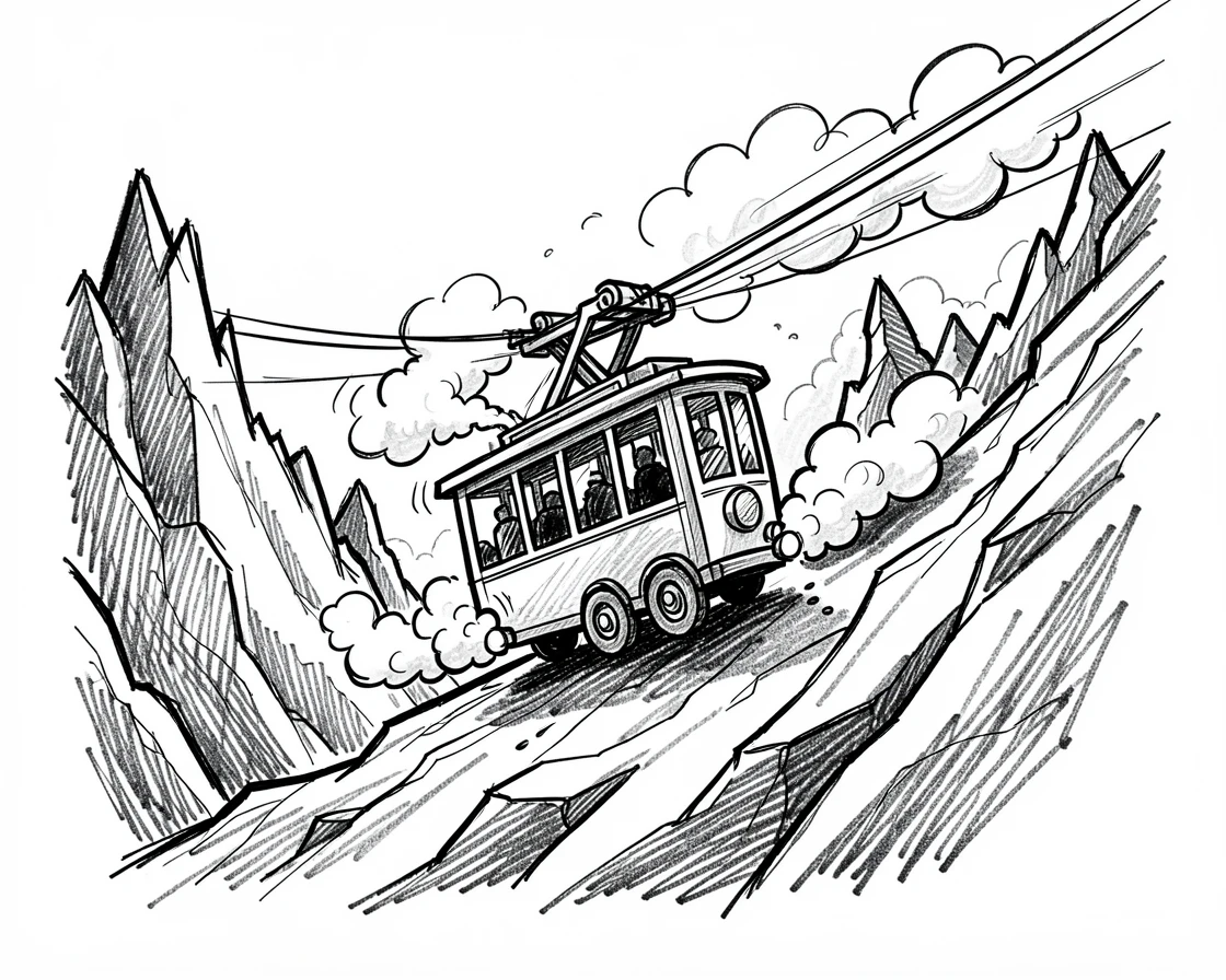 A cable car climbing a steep hill chugging through a mountain pass.