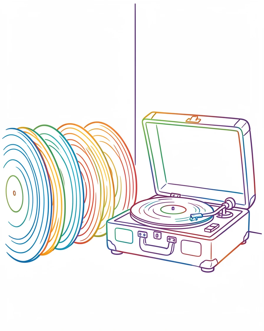 A row of vinyl records leaning against a wall beside a record player.