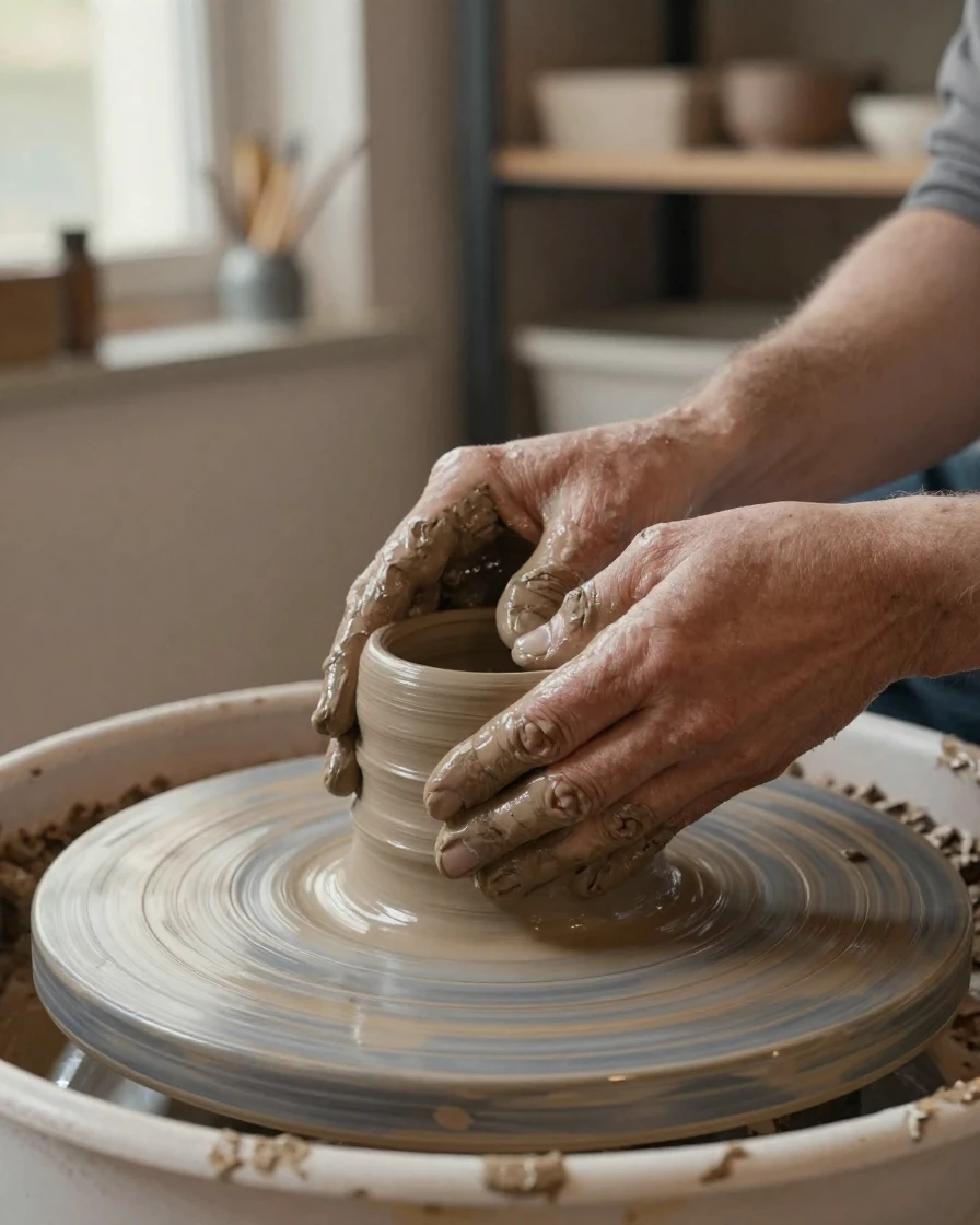 A pair of hands molding fresh clay on a pottery wheel