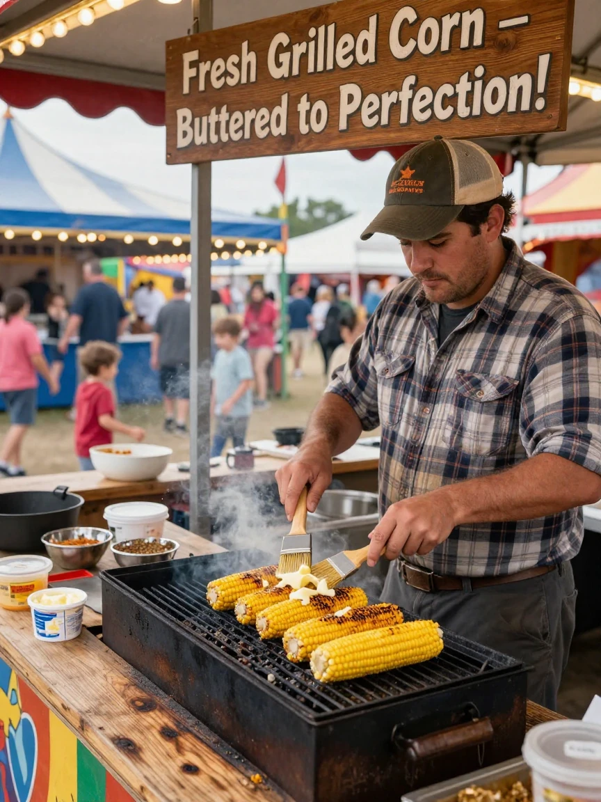 A vendor grills fresh corn and brushes it with butter at a fairground stand.