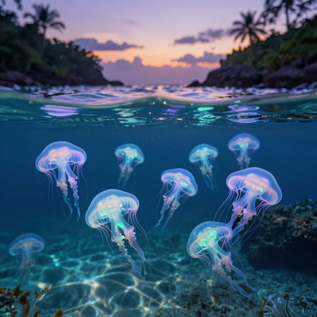 A cluster of glowing jellyfish drifting quietly in the crystal-clear waters of a tropical lagoon