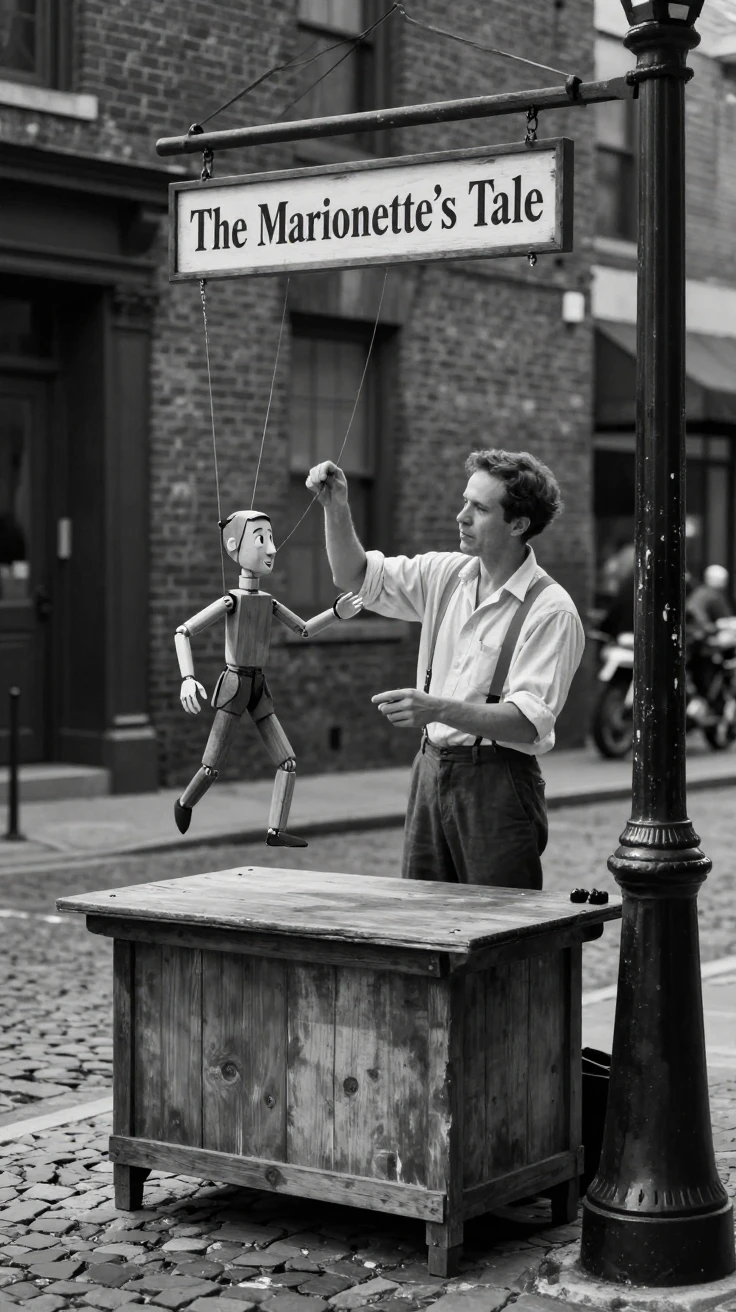 A puppeteer brings a wooden marionette to life on a small street corner stage.