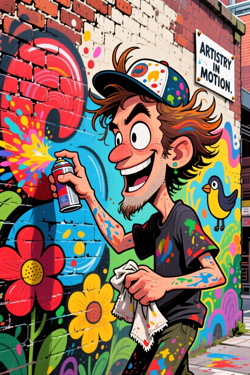 A street artist spray-painting a vibrant mural on a brick wall.