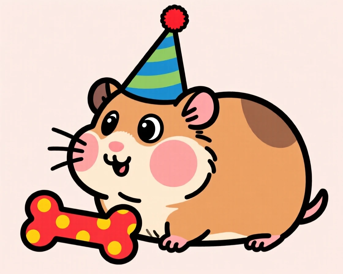 A playful pet moment featuring a chubby guinea pig tilting its head at a squeaky toy, with a birthday hat slightly askew.