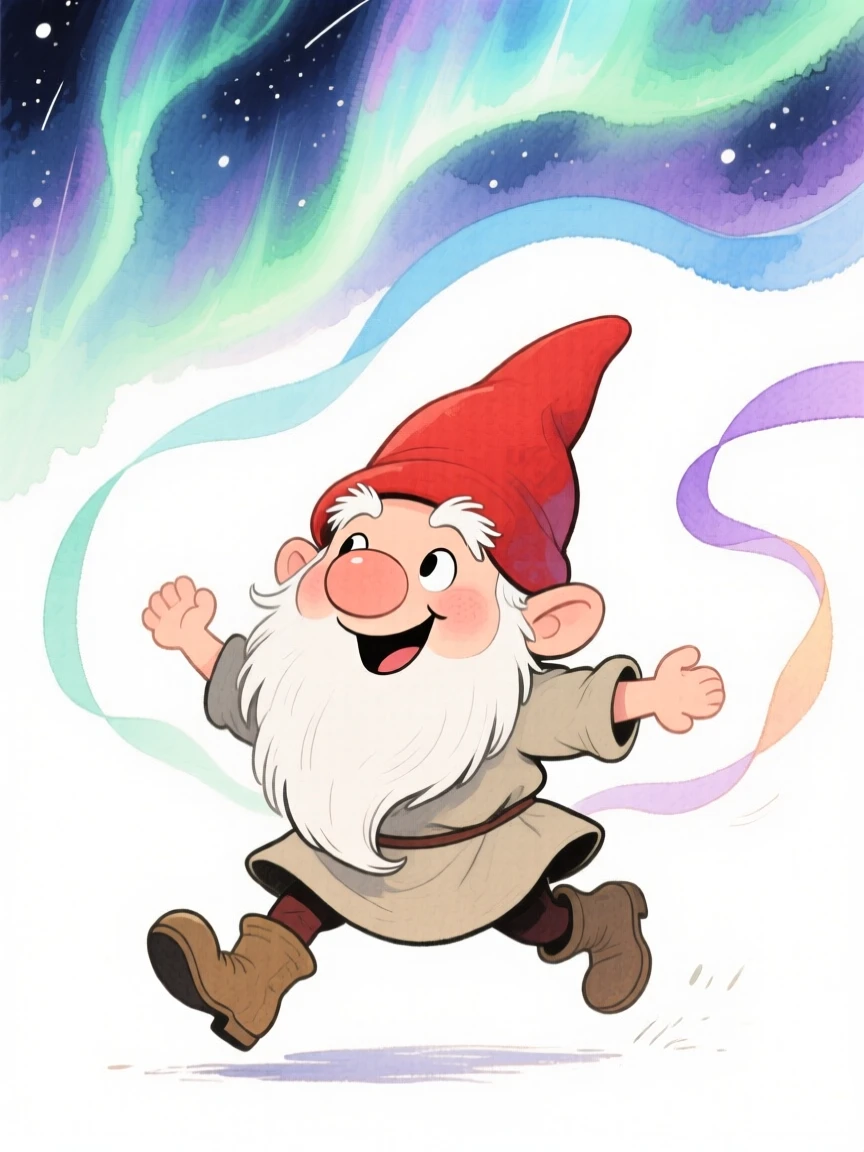 A garden gnome guardian dancing with ribbons of northern lights overhead