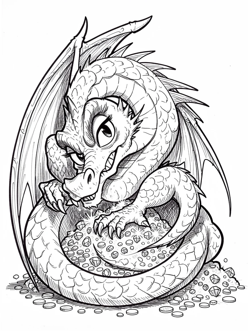 [Fantasy & Imaginative Scenarios] Imaginative fantasy scene of a dragon curled protectively around a mountain of glittering treasure, brimming with wonder