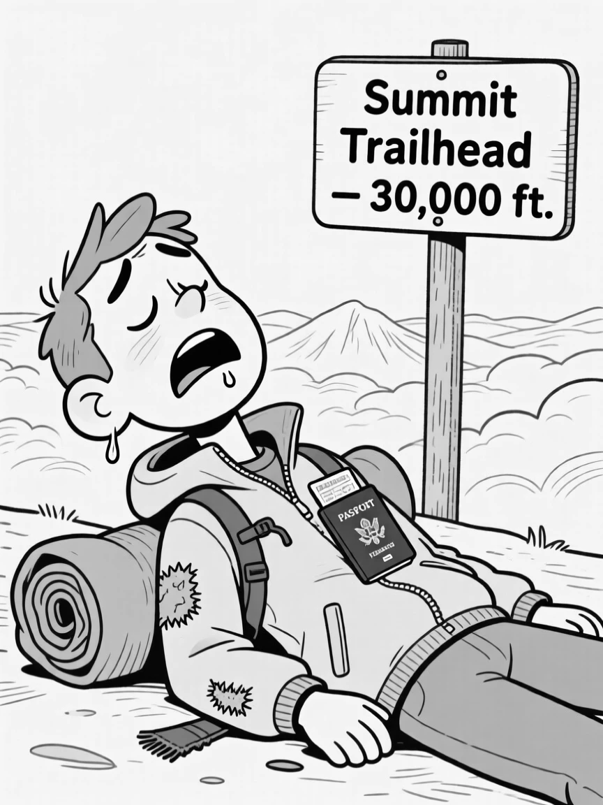 A hiker dramatically collapsing at the trailhead sign, drooling slightly onto a rolled-up jacket, set thirty thousand feet above rolling clouds. A worn passport peeks out of a jacket pocket. The image feels like a postcard brought playfully to life.
