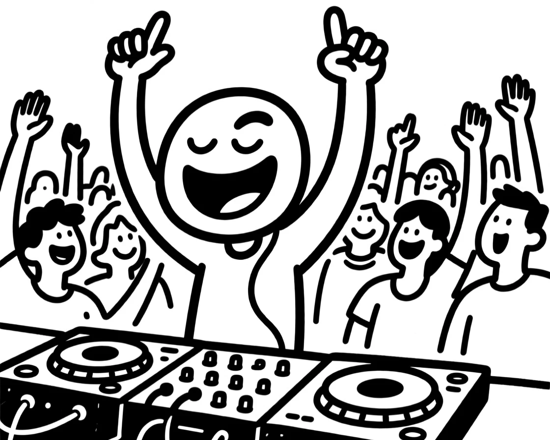 A DJ mixing tracks at a packed nightclub, hands raised crowd behind them.