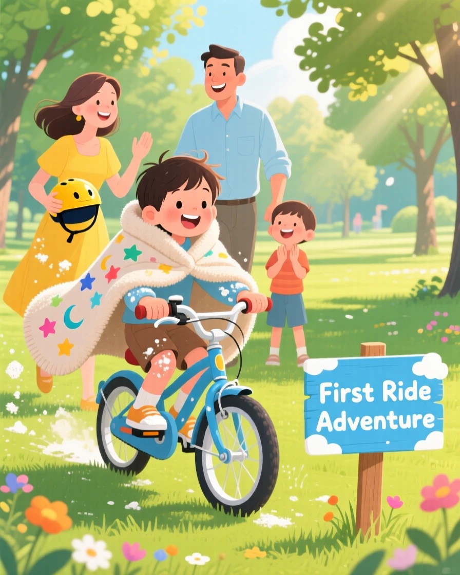 With their whole family close by, a child wrapped in a cozy blanket is learning to ride a bicycle, with flour dusting their sleeves.