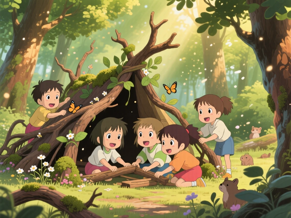 Kids building a fort out of fallen branches, the moment bright with youthful wonder.