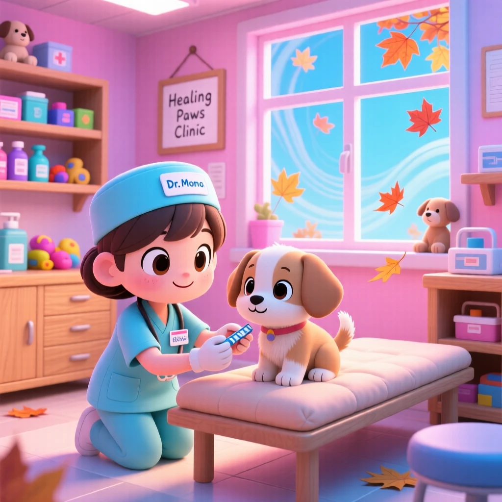 A small veterinarian bandaging a puppy's paw gently in a cozy animal clinic with autumn leaves swirling around; neon-lit glow washes over the scene as proud determination fills the moment. Dynamic diagonal composition.