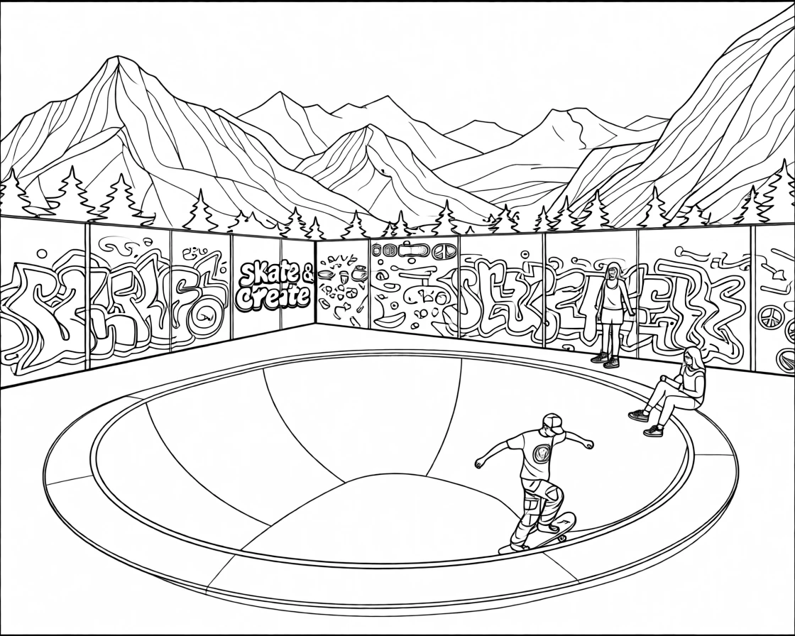 A skate park bowl surrounded by graffiti-covered walls, with mountains rising dramatically in the background.