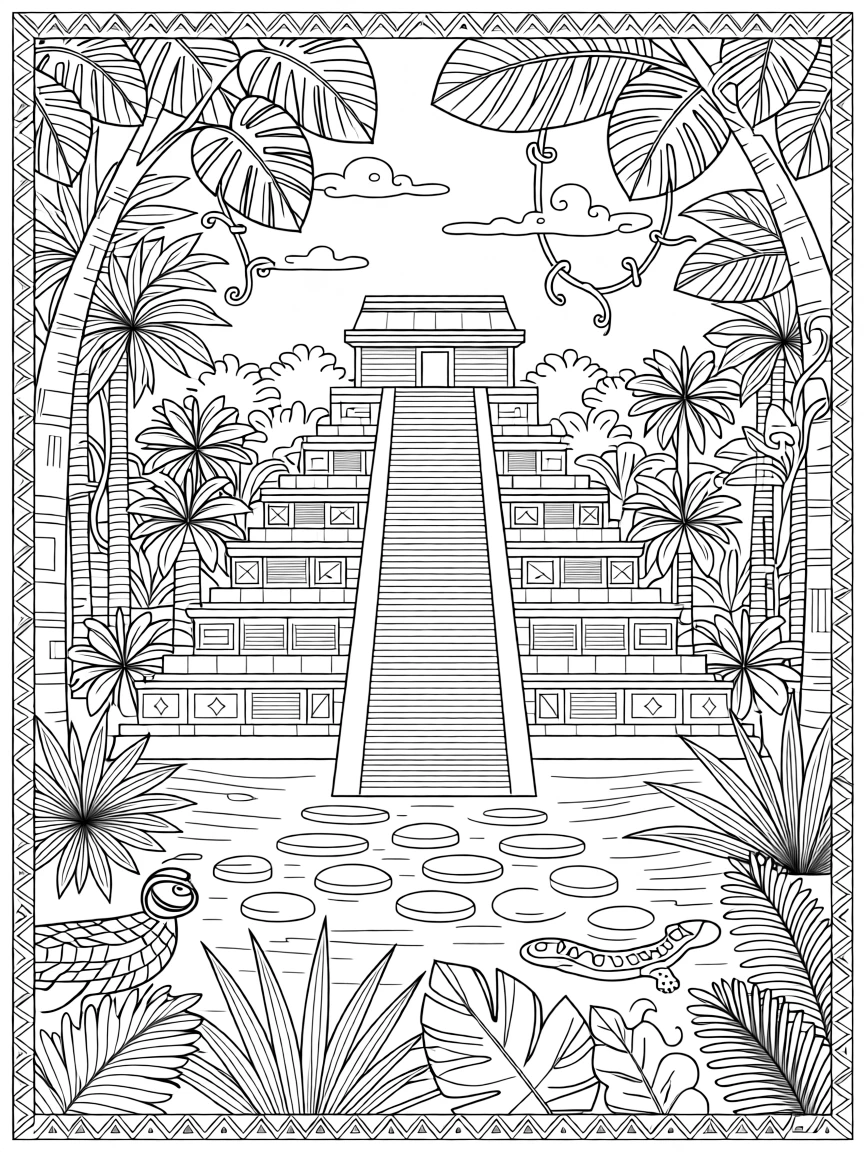 A stepped pyramid rising from a jungle clearing.