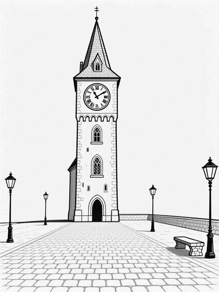 A medieval clock tower rising above a cobblestone plaza