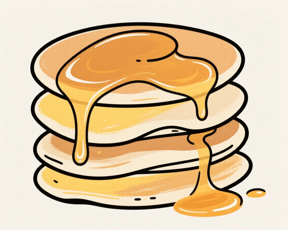 A stack of pancakes drizzled with syrup