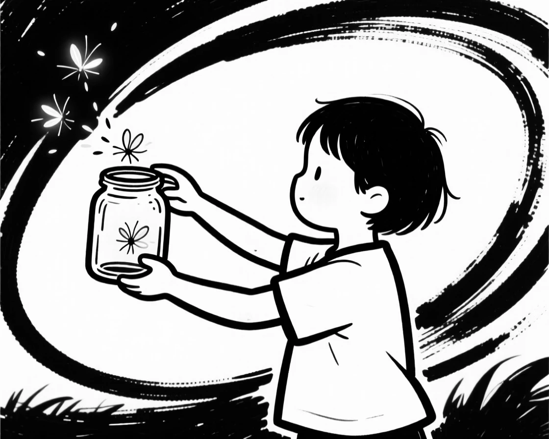 A child catching fireflies in a jar on a summer evening.