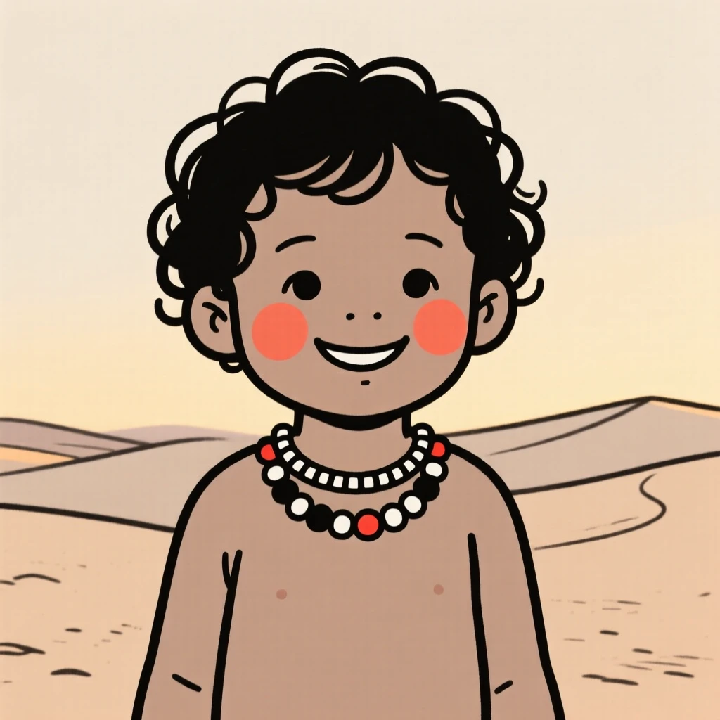 A curly-haired toddler of Indian heritage wearing a Maasai beaded collar, smiling warmly, in a desert at golden hour.