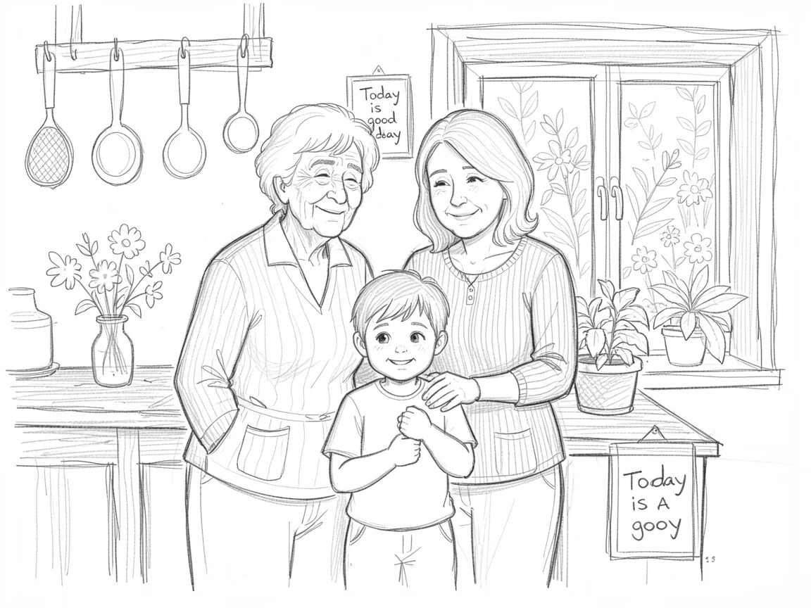 An emotional scene of three generations posing together in a garden in a cozy kitchen, glowing with quiet joy.