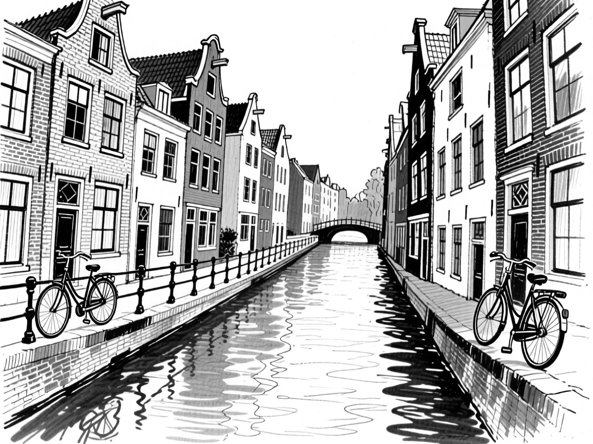The peaceful canals of Amsterdam lined with narrow houses and bicycles.
