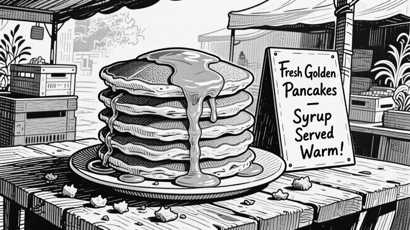 A stack of golden pancakes with syrup displayed at an outdoor market stall, with crumbs scattered across the table, presented in an indulgent and delightful culinary still life.