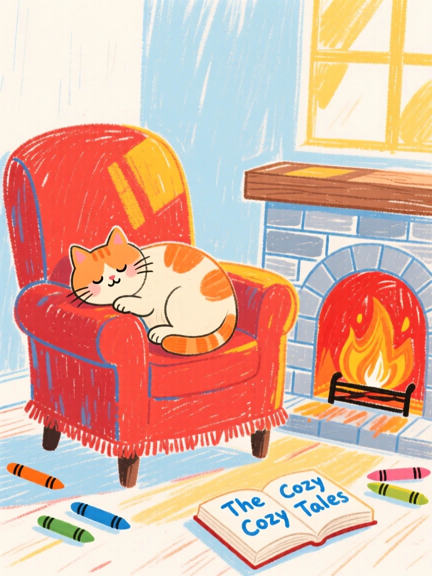 A cat curled asleep on a sunlit reading chair by the fireplace.