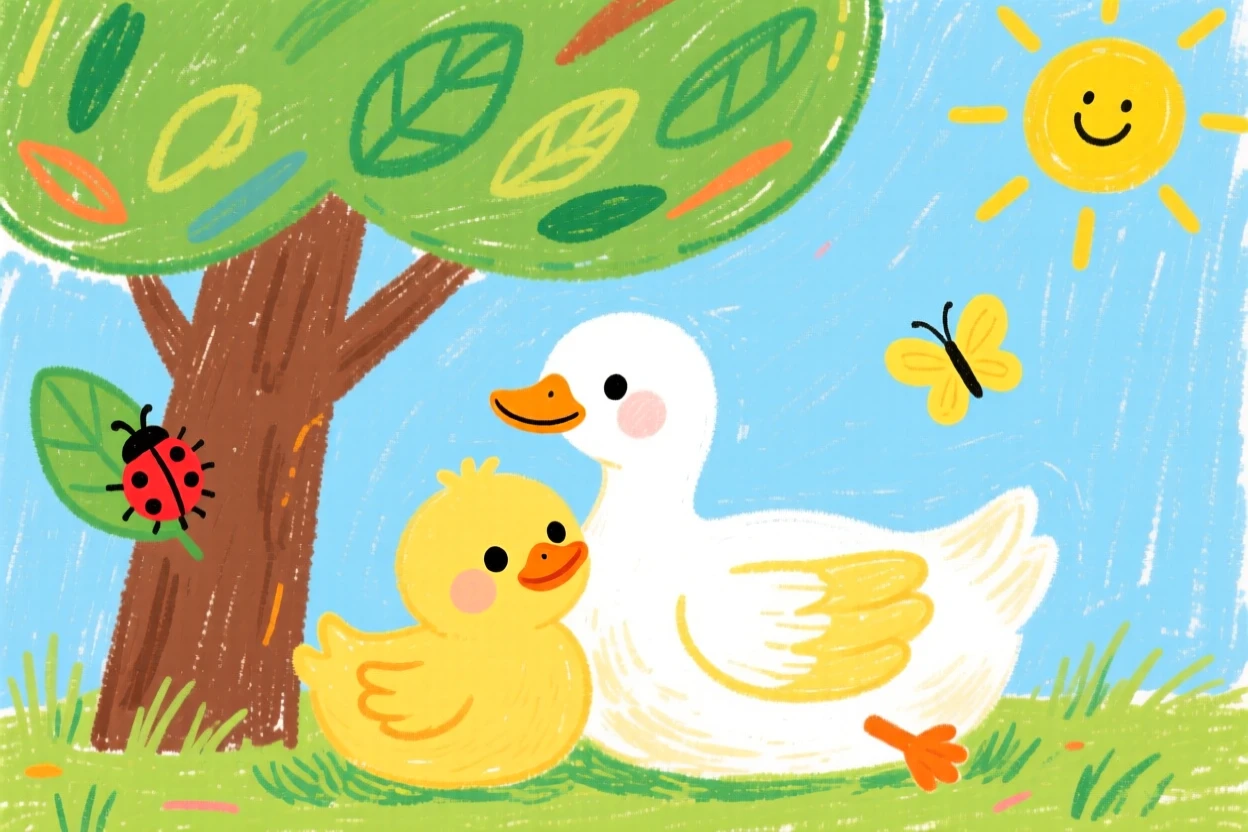 A fluffy duckling cuddled beside its mother under a shady tree.