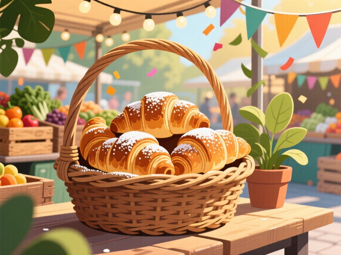 A basket of warm croissants dusted with powdered sugar, set within a bustling outdoor market stall, captured with a close, mouthwatering focus, with a joyful, celebratory feel.
