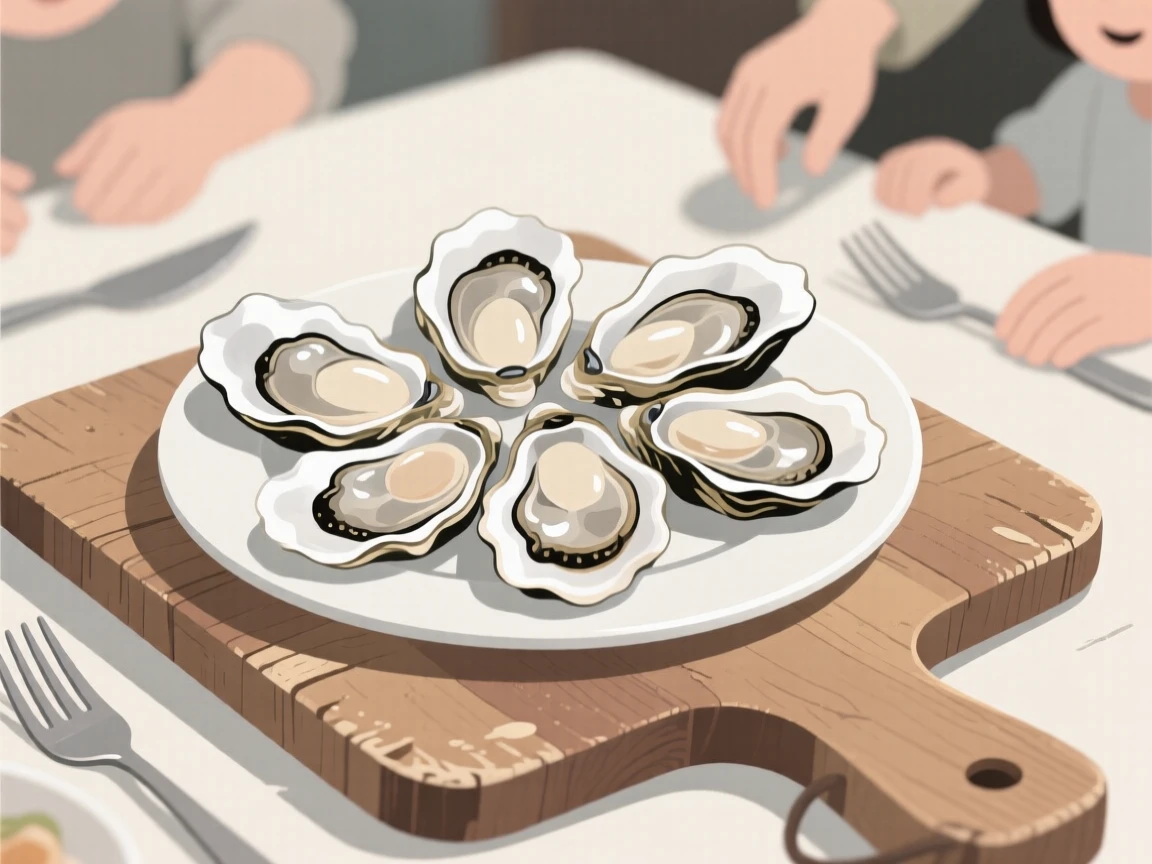 A plate of fresh oysters beautifully displayed on a rustic wooden board at a family gathering.