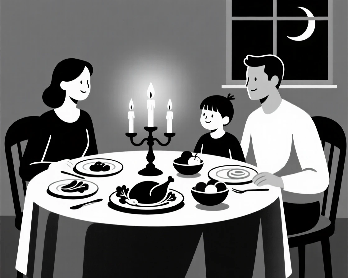 A family gathered for a holiday feast by candlelight.