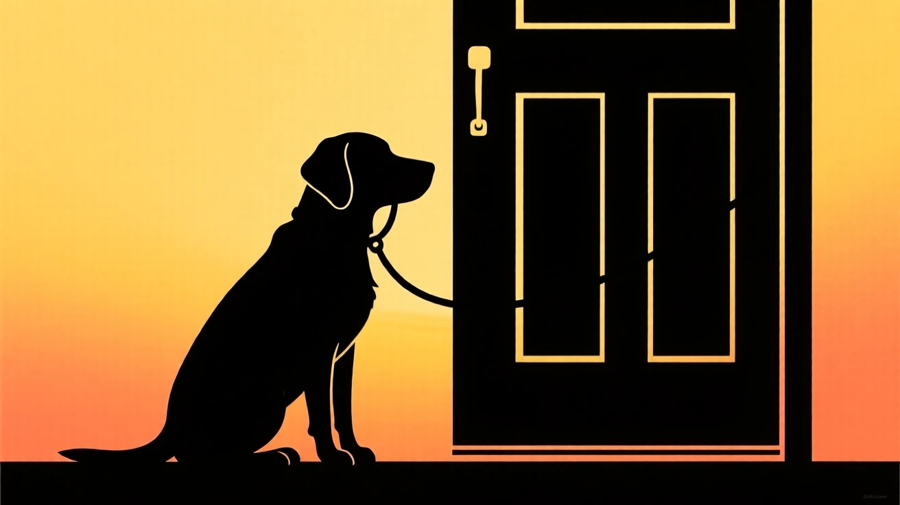 A dog waiting patiently by the front door, leash in its mouth.