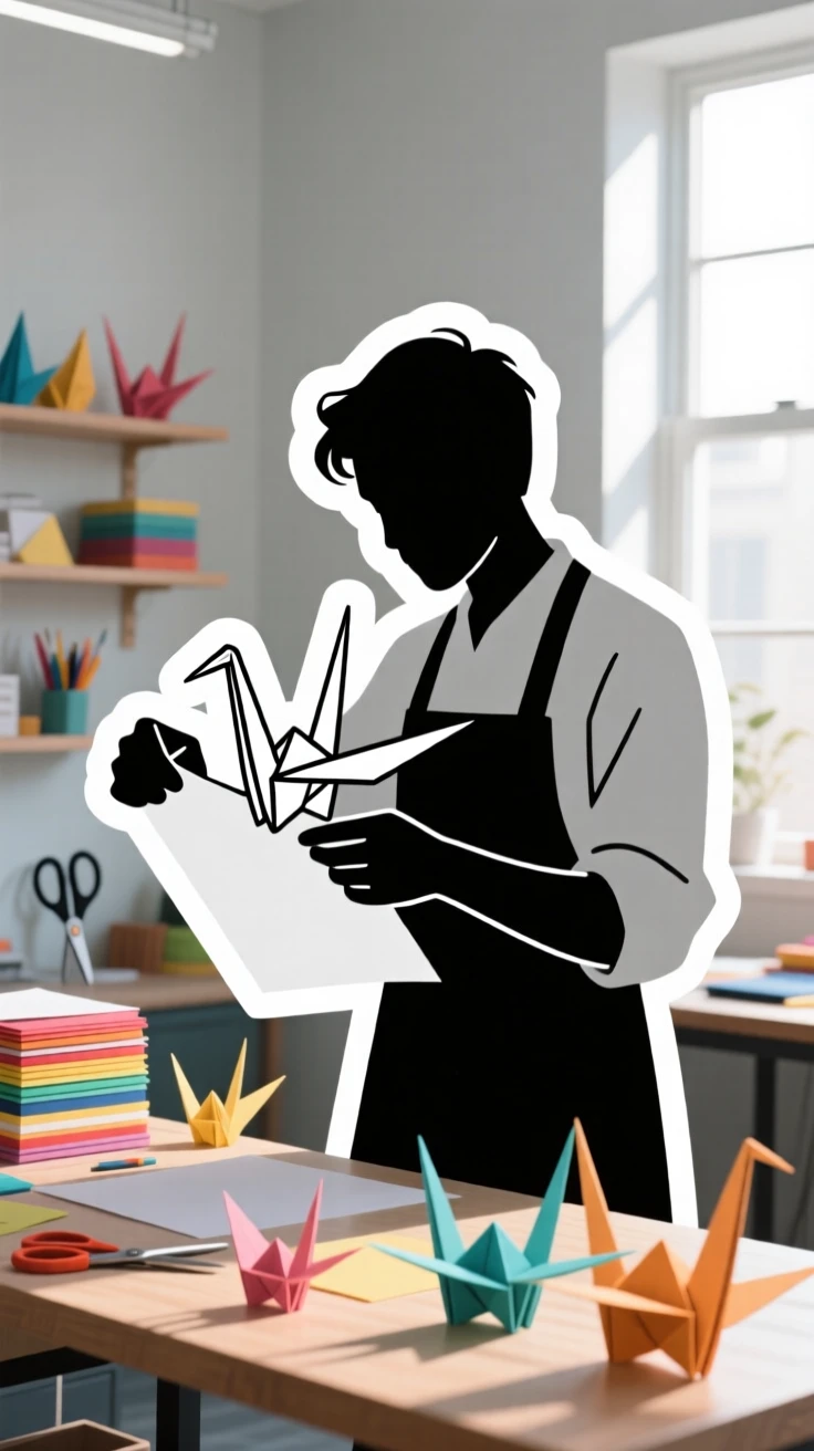 A determined and skilled origami artist folding a paper crane, fully immersed in the creative process, in a sunlit studio filled with supplies.