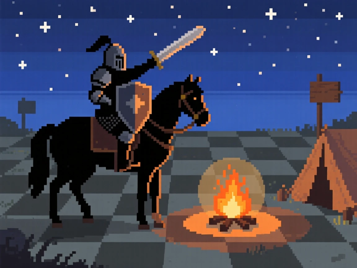A mounted knight leveling up beside a campfire under starlight, on a checkerboard battlefield of tiles.