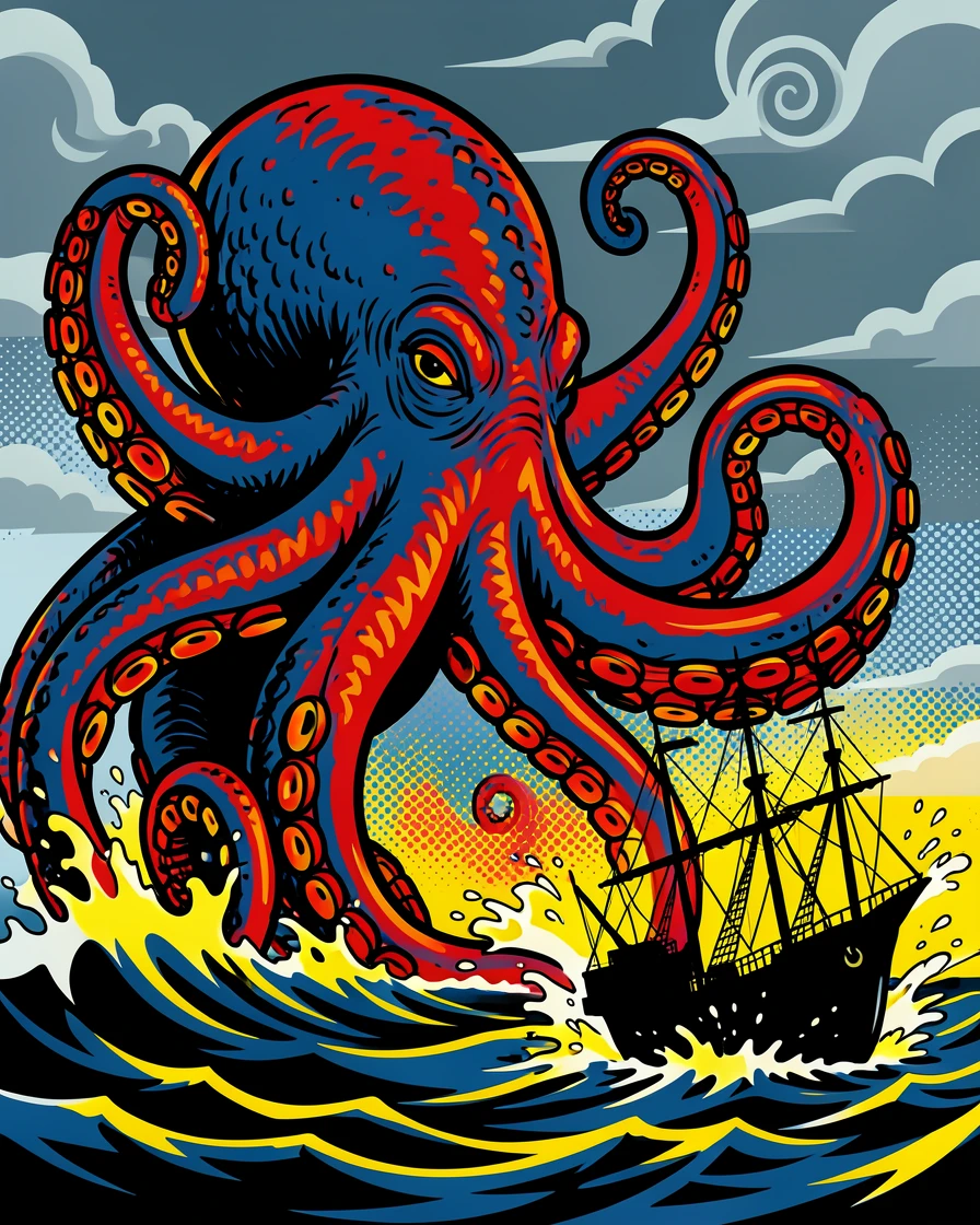 A colossal kraken rising from a stormy sea beside a ship
