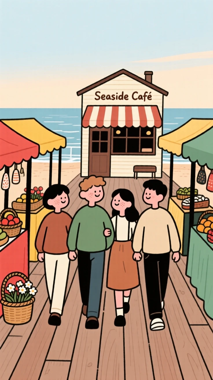 A group of friends link arms and walk down a seaside boardwalk lined with colorful market stalls, heading toward a favorite café.