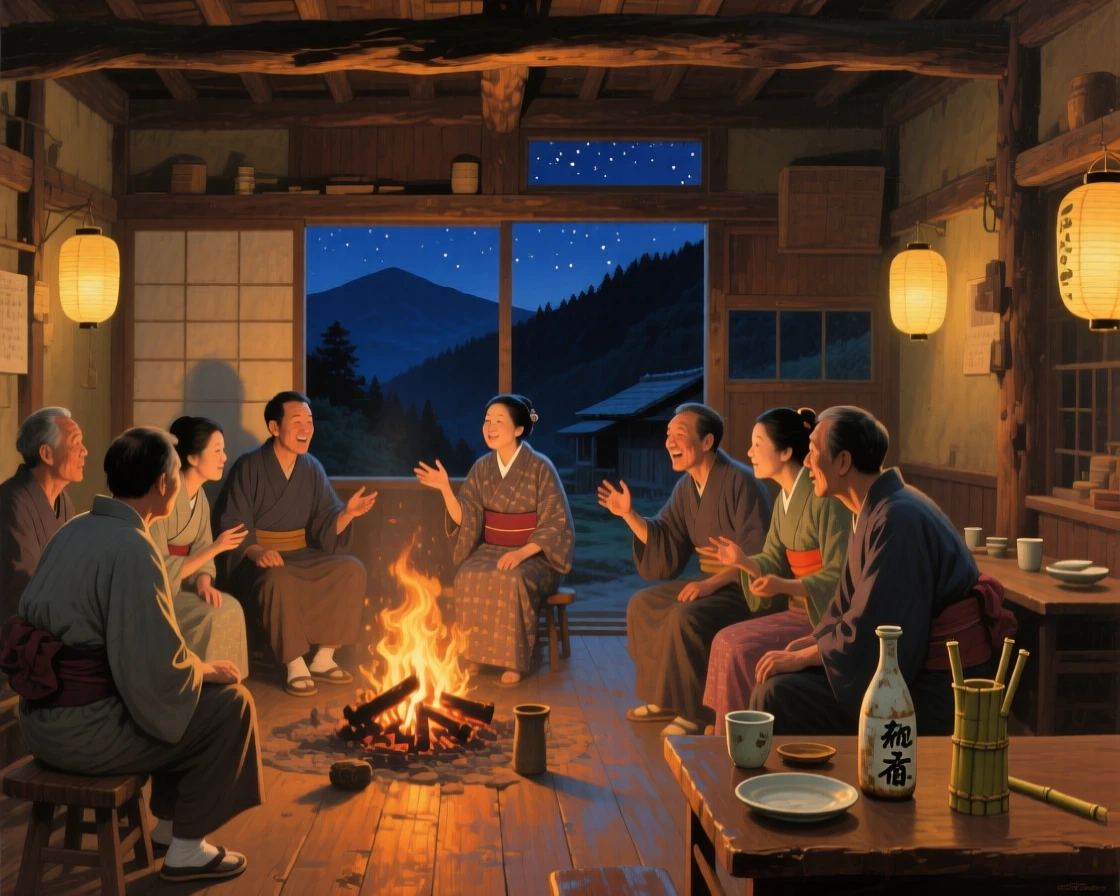 A medium shot of a village pub with a roaring fire and patrons sharing stories, under the night sky, in a Japanese mountain village.