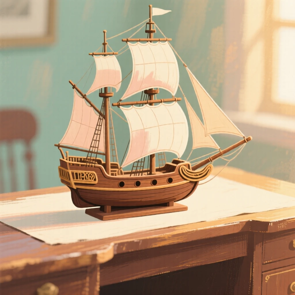 An old wooden ship model resting on a captain's desk