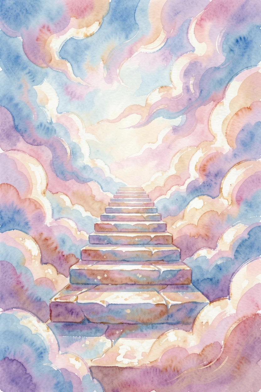 A celestial staircase leading up into the clouds under a sky full of swirling colors.