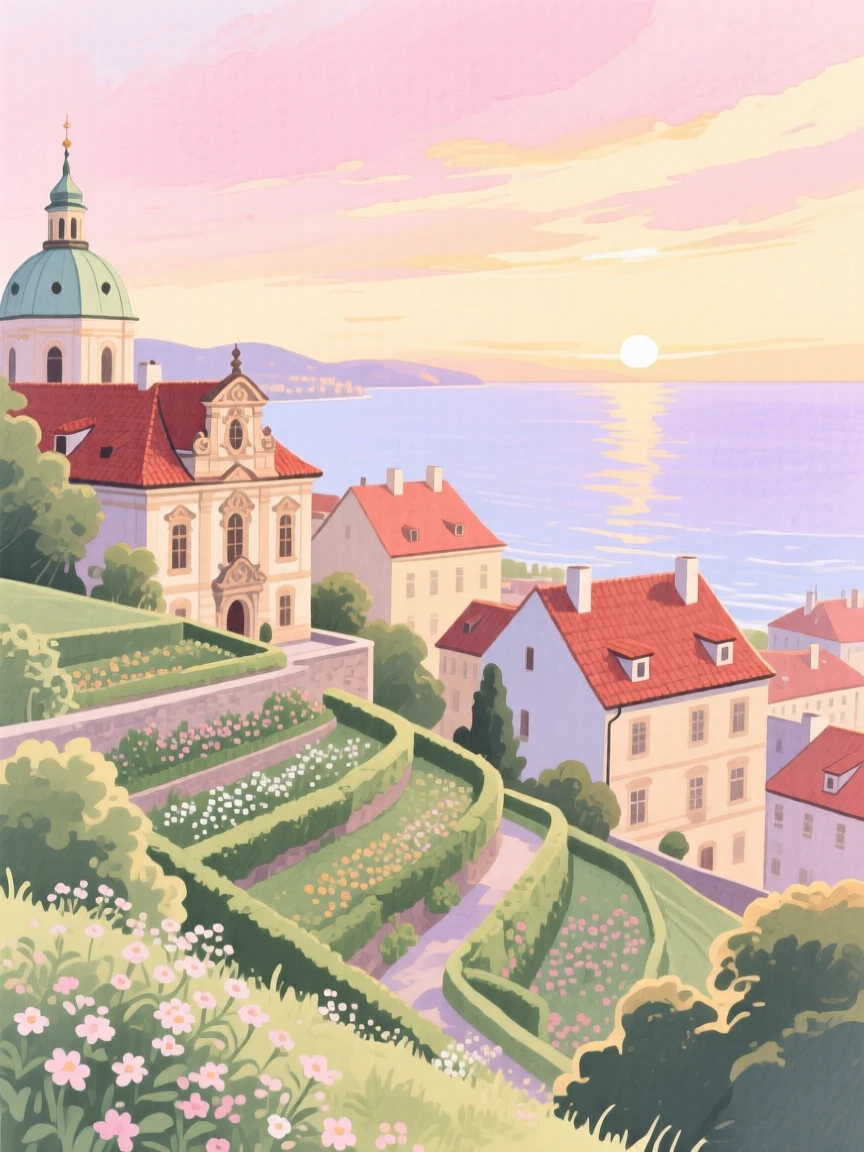 A picturesque view of an old quarter in Prague with terraced gardens overlooking the sea, under a soft sunrise