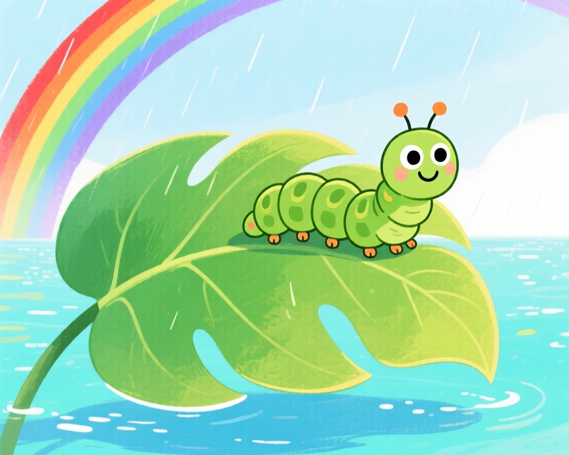 A caterpillar inching along a leaf playing joyfully in a tropical lagoon just after a rainbow appears.