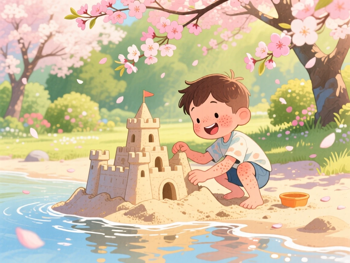 A little boy with freckles building a sandcastle at the water's edge, in a blossoming cherry tree garden, evoking a warm sense of nostalgia.