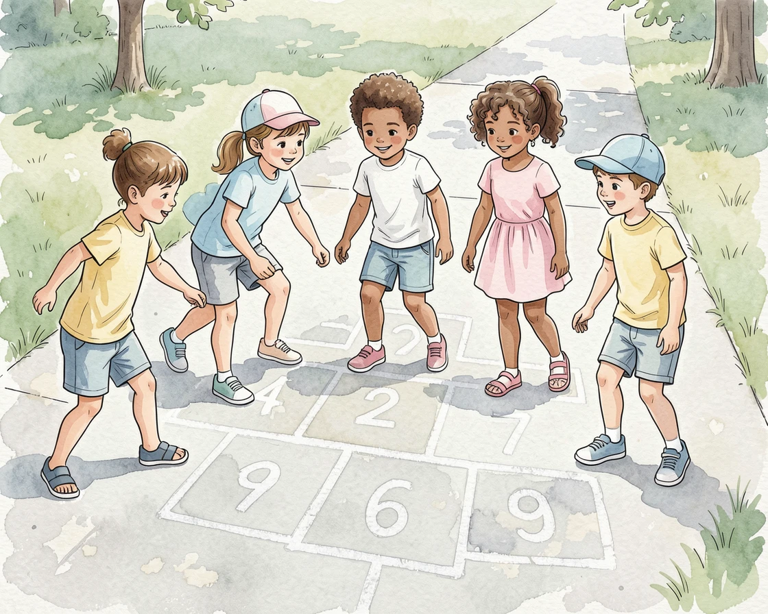 A group of children playing hopscotch on a chalk-drawn sidewalk, an atmosphere of quiet joy and togetherness.