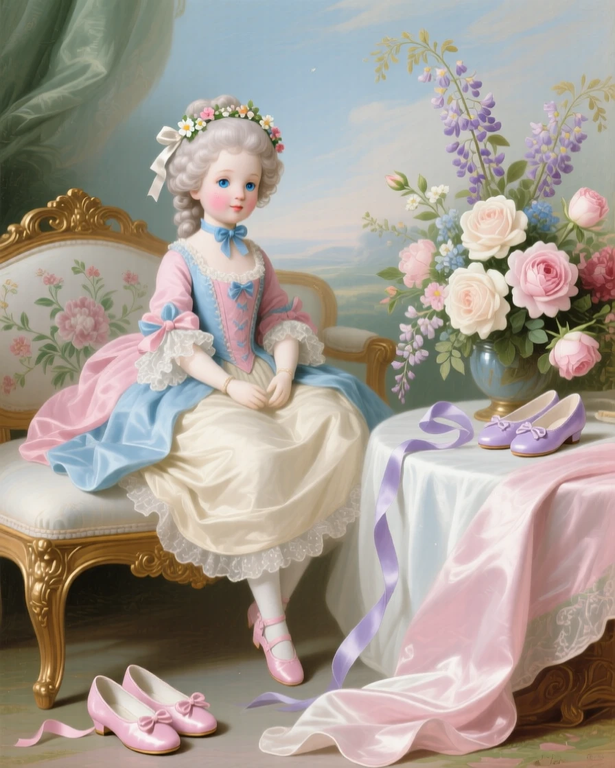 A porcelain doll seated beside ribbons, tiny shoes, and a bouquet  