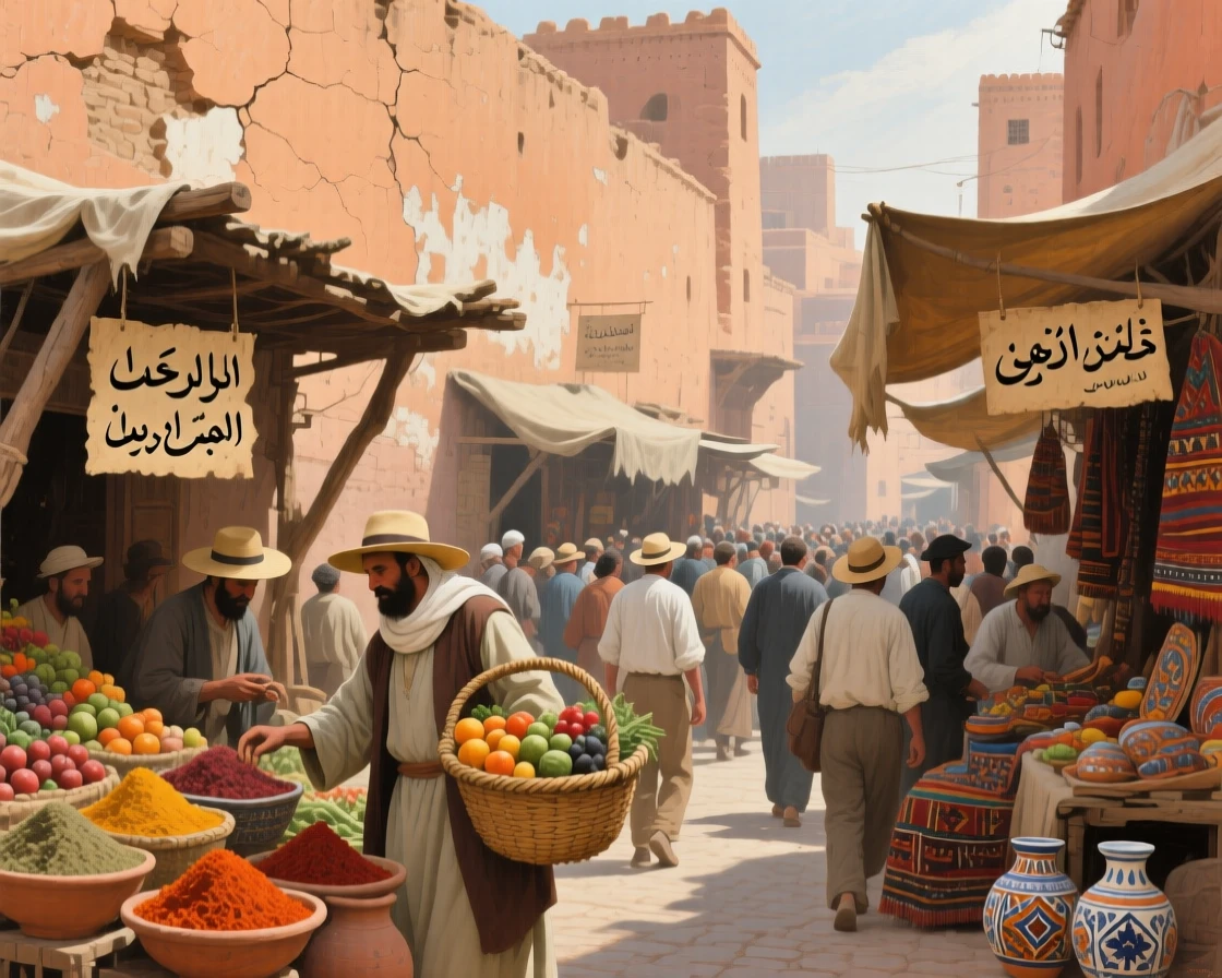 A bustling Marrakech marketplace framed by ancient sandstone walls, with locals and travelers adding life and scale to the scene, capturing the timeless beauty and character of a legendary destination