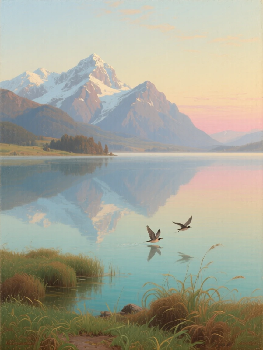 A tranquil lake reflecting snow-capped mountains at dawn stretching endlessly toward a hazy, distant horizon, set far from any signs of human presence, with birds gliding low over the water and long shadows stretching across the grass; foreground detail frames a sweeping, luminous background, filled with calm, restorative beauty.