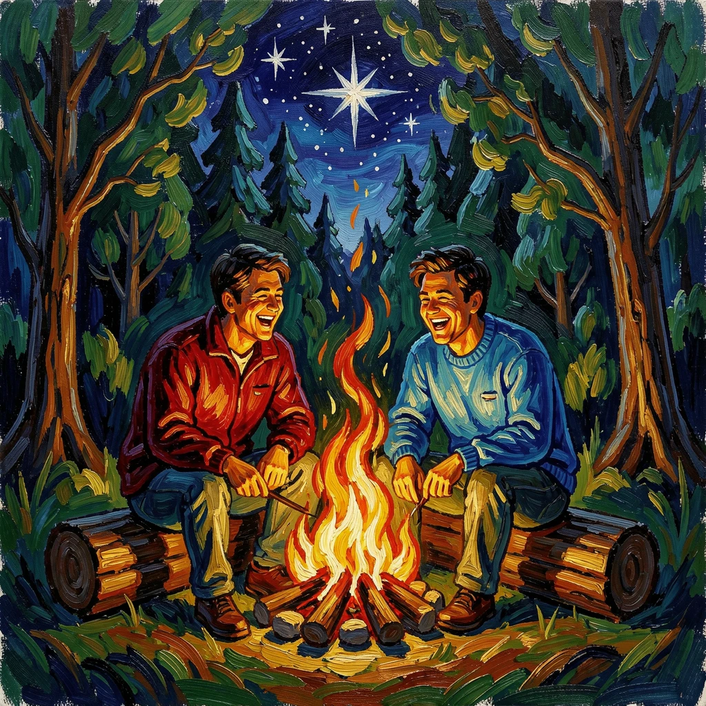 Two friends camping together, sharing a laugh over a crackling campfire under the stars.